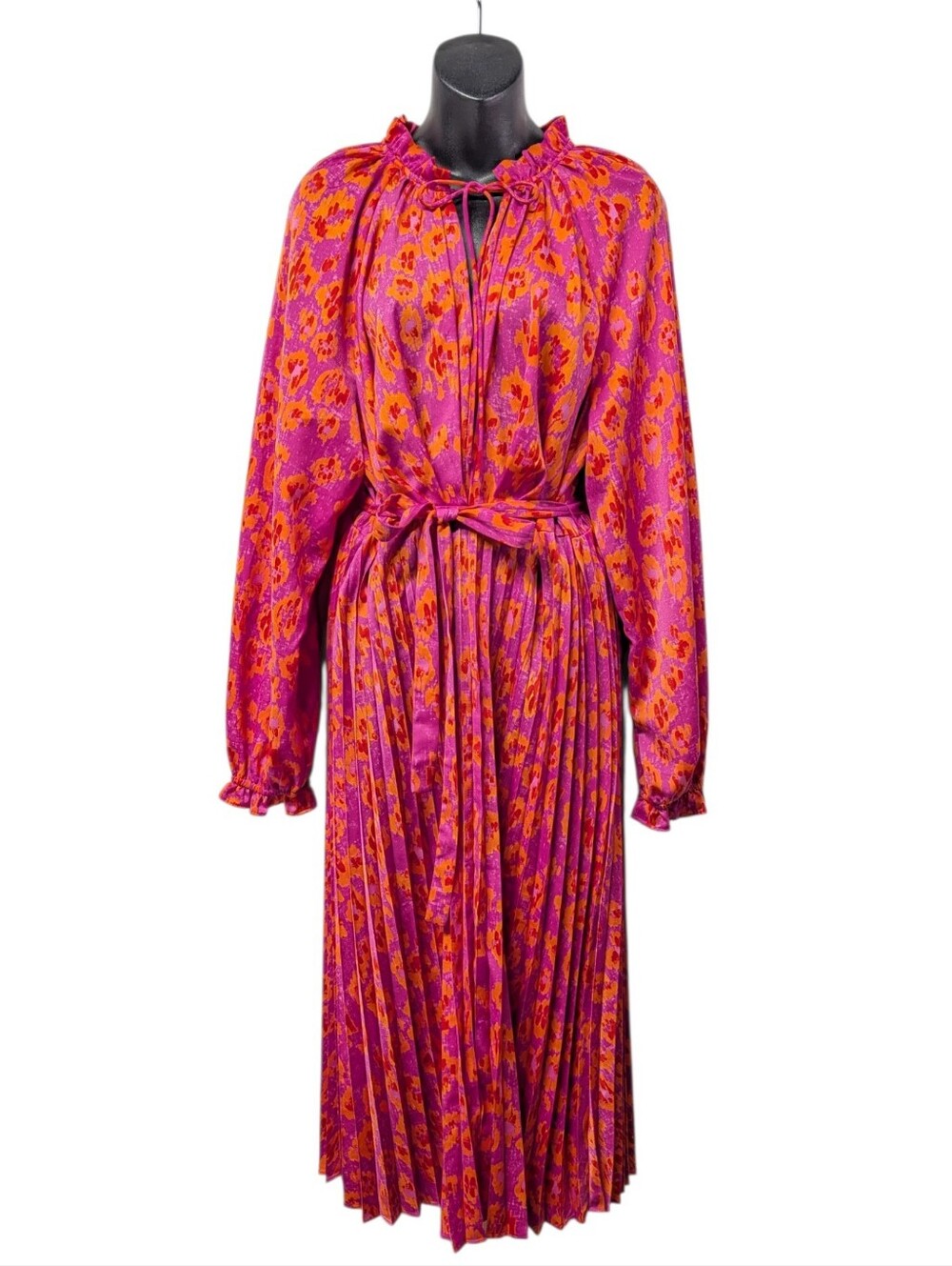 SCOOP Women’s Pink Orange Animal Print Pleated Midi Dress Tie Neck Belted Sz XL